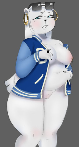 anthro belly blue_clothing blue_eyes blue_jacket blue_topwear blush body_blush clothed clothing ear_piercing ear_ring eyelashes eyewear eyewear_on_head female fur genitals glasses glasses_on_head hair holding_belly innie_vulva jacket letterman_jacket long_hair nipple_piercing nipple_ring nipples open_clothing open_jacket open_topwear philtrum piercing ring_(jewelry) ring_piercing slightly_chubby slightly_chubby_anthro slightly_chubby_female smile solo standing sunglasses thick_thighs topwear vulva vulva_blush white_body white_fur white_hair mamasoyanini bear mammal colored_sketch sketch