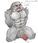 abs areola balls barazoku barbell_piercing bodily_fluids cum cum_in_mouth cum_inside cum_on_chest cum_on_face dreadlocks erection foreskin front_view genital_fluids genital_piercing genitals grey_balls grey_body grey_penis humanoid_genitalia humanoid_penis kneeling male muscular muscular_humanoid muscular_male narrowed_eyes nipple_barbell nipple_piercing nipples nude open_mouth pecs penis penis_piercing piercing prince_albert_piercing red_eyes red_nipples simple_background solo white_background crazydrak predator_(franchise) alien humanoid yautja 2025 dated hi_res signature