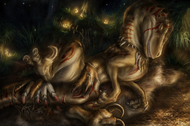 ambiguous_feral ambiguous_gender anatomically_correct animal_genitalia bedroom_eyes bodypaint bottomwear brown_body brown_scales claws cloaca clothed clothed_feral clothing crotch_apron detailed_background detailed_scales facial_markings feral forest genitals grin half-closed_eyes head_markings high-angle_view horizontal_cloaca ineffective_clothing inviting jewelry leg_markings loincloth looking_at_viewer loose_feather lying markings narrowed_eyes nature necklace night on_side outside plant presenting presenting_cloaca pubic_boot pupils red_markings scales seductive sharp_teeth side_view slit_pupils smile solo spread_legs spreading tail tail_markings teeth tree tribal yellow_eyes ijoe dinosaur dromaeosaurid prehistoric_species reptile saurischian scalie theropod velociraptor 2014 detailed digital_media_(artwork) hi_res shaded
