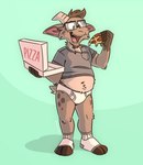 anthro belly briefs brown_body brown_fur brown_hair clothed clothing container eating eyewear facial_hair food footwear freckles fur glasses goatee green_background grey_clothing grey_shirt grey_t-shirt grey_topwear grey_waistband hair horn hungry male markings nerd open_mouth pantsless pantsless_male pizza pizza_box raised_clothing raised_shirt raised_topwear shirt shirt_pocket simple_background slightly_chubby smile socks solo spots spotted_markings t-shirt teeth teeth_showing tighty_whities toeless_footwear toeless_socks tongue tongue_showing topwear underwear uvula white_briefs white_clothing white_footwear white_socks white_underwear tinydeerguy gary_(tinydeerguy) bovid caprine goat mammal hi_res signature