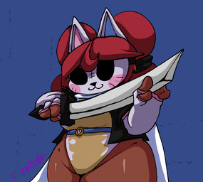 bodysuit cape clothing ears_as_hair female gloves hair handwear jacket mask melee_weapon red_hair skinsuit solo sword swordswoman thick_thighs tight_clothing topwear weapon clovedex key_(clovedex) felid human humanoid mammal