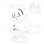 1:1 2011 anthro black_and_white canid canine digital_drawing_(artwork) digital_media_(artwork) domestic_cat duo eating eyeofcalamity felid feline felis food fox ivan_grey_(character) line_art male male/male male_pred male_prey mammal monochrome mouse murid murine oral_vore red_(muhny) rodent simple_background solo_focus swallowing vore waffle white_background