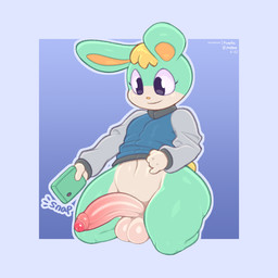 anthro balls big_penis black_eyes blonde_hair blue_background blush body_blush border bottomless bottomless_male cellphone clothed clothing countershading electronics erection femboy foreskin genitals glans green_body hair holding_cellphone holding_object holding_phone holding_smartphone huge_penis humanoid_genitalia humanoid_penis kneeling looking_down male multicolored_body navel onomatopoeia partially_retracted_foreskin penis penis_blush phone pink_glans simple_background smartphone smile solo sound_effects sweater sweater_only taking_picture text thick_thighs topwear topwear_only two_tone_body white_body white_countershading wide_hips frumples animal_crossing nintendo patreon sasha_(animal_crossing) lagomorph leporid mammal rabbit 1:1 2022 dated digital_drawing_(artwork) digital_media_(artwork) english_text