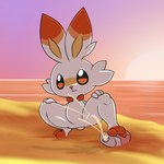 3_toes beach feet light sand sea seaside sun sunlight sunrise sunset toes twilight water adeviantcritter nintendo pokemon generation_8_pokemon pokemon_(species) scorbunny 1:1 hi_res