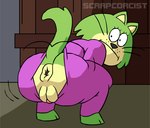 anthro anus bent_over big_butt butt clothed clothing crouching female fur genitals green_body green_fur looking_back puffy_anus purple_clothing pussy raised_tail solo tail tail_anus torn_clothing twerking scrapcorcist hanna-barbera jellystone_(hbo_max) top_cat_(series) spook_(top_cat) domestic_cat felid feline felis mammal hi_res