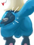 anthro balls blue_body blue_fur butt butt_focus butt_shot butt_slap duo faceless_character fur genitals heart_symbol kneeling male paws perineum presenting presenting_hindquarters raised_tail rear_view simple_background slap solo_focus tail trmk2 nintendo pokemon canid canine generation_4_pokemon lucario mammal pokemon_(species) 2023 colored_sketch digital_media_(artwork) hi_res sketch