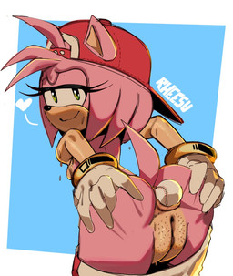 anthro ball baseball_(ball) baseball_cap bent_over bodily_fluids bottomwear bottomwear_down bracelet butt clothed clothing female fur genitals gloves green_eyes grin handwear hat headgear headwear heart_symbol jewelry looking_at_viewer looking_back narrowed_eyes pants pants_down partially_clothed pink_body pink_fur pubes smile solo spread_butt spreading sweat tail tan_body tan_skin vulva rheesu sega sonic_the_hedgehog_(series) amy_rose eulipotyphlan hedgehog mammal