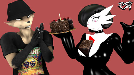 anthro between_breasts big_breasts black_body black_choker black_clothing black_fur black_jewelry black_latex black_necklace breasts brown_body brown_fur cake cake_on_breasts cake_slice choker clothed clothed_anthro clothed_female clothed_humanoid clothed_male clothing dessert duo female food fur jewelry latex latex_choker male multicolored_body multicolored_fur necklace pink_eyes rubbing_hands shirt t-shirt topwear two_tone_body two_tone_fur wearing_hat white_body yellow_eyes psikokinetic warfaremachine_(modeler) nintendo pokemon asura_(psikokinetic) fan_character psiko_(psikokinetic) warfare_gardevoir canid canine canis gardevoir generation_3_pokemon humanoid jackal mammal pokemon_(species) 16:9 2025 3d_(artwork) digital_media_(artwork) hi_res widescreen