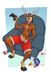 anthro antlers armchair arms_bent athletic athletic_anthro athletic_male backwards_baseball_cap backwards_hat bag baseball_cap bent_legs beverage_can biped bottomwear can chair chip_bag chips_(food) clothed clothing cloven_hooves container controller erection facial_hair food food_container foreskin furniture game_controller genital_piercing genitals hand_on_leg hand_on_own_leg hand_on_own_thigh hand_on_thigh hat headgear headwear holding_controller holding_game_controller holding_object hooves horn humanoid_genitalia humanoid_penis inviting legs_over_edge looking_at_viewer male manspreading navel nipples on_armchair over_edge penis penis_piercing penis_poking_out piercing playstation_controller prince_albert_piercing raised_hand resting_arm seductive shorts sitting smile solo topless touching_leg touching_own_leg touching_own_thigh touching_thigh wireless_controller howz doritos dualshock dualshock_4 frito-lay playstation playstation_4 sony_corporation sony_interactive_entertainment deer mammal 2019 hi_res