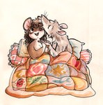 anthro bedding biped blanket blush brown_body brown_fur brown_hair cuddling cuddling_up_together curled_hair duo eyes_closed female frilly_pillow fur grey_body grey_fur hair hand_holding kiss_on_forehead kissing male male/female nude one_eye_closed open_mouth pillow quilt romantic romantic_couple simple_background slightly_chubby slightly_chubby_anthro slightly_chubby_female smile under_blanket whiskers white_background bedupolker mariella_(bedupolker) cricetid deer_mouse mammal murid murine rat rodent half-length_portrait hi_res mixed_media portrait traditional_media_(artwork) trans_(lore) trans_man_(lore)