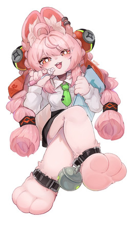 3_toes 5_fingers accessory ahoge anklet anthro barefoot blush braided_pigtails breasts claws clothed clothed_anthro clothed_female clothing crossed_legs ear_piercing ear_ring feet female fingers fully_clothed fully_clothed_anthro fully_clothed_female fur hair inner_ear_fluff jewelry necktie paws piercing pink_body pink_fur pink_hair red_eyes ring_piercing simple_background solo toes tuft white_background lijun_mtgf mihoyo zenless_zone_zero zhao_(zenless_zone_zero) lagomorph leporid mammal rabbit thiren 2026