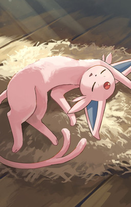 ambiguous_gender eyes_closed feral forehead_gem forked_tail fur gem hay lying on_hay open_mouth paws pink_body pink_fur sleeping solo tail unusual_anatomy unusual_tail hakkentai_pkdn nintendo pokemon eeveelution espeon generation_2_pokemon pokemon_(species) 2024 hi_res