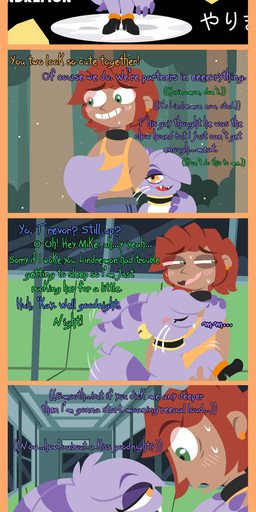 anthro bell claws clothing collar duo ear_piercing ear_ring fangs female footwear forest fur green_eyes hair high_heels implied_vaginal jingle_bell kissing larger_male male male/female orange_eyes parody piercing plant purple_body purple_fur red_hair ring_piercing sex shirt shoes size_difference smaller_female stealth_sex tan_body tank_top teeth text topwear train tree vehicle whiskers shane_frost bandai_namco digimon fakemon trevor_(shane_frost) digimon_(species) fan_species felid feline human lindremon mammal monster absurd_res comic english_description english_text hi_res