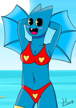 anthro bat_wings beach bikini blue_body blush brush brushing clothing female fur happy heart_(marking) markings membrane_(anatomy) membranous_wings navel open_mouth red_bikini red_clothing red_swimwear seaside solo sun swimwear teeth two-piece_swimsuit wings yellow_eyes young eqf18 cartoon_network mao_mao:_heroes_of_pure_heart adorabat bat mammal absurd_res digital_drawing_(artwork) digital_media_(artwork) hi_res portrait watermark