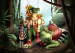 anthro bottomwear claws clothing feathers feet foot_wraps forest jungle loincloth male melee_weapon paws plant shield solo sword tree weapon wraps shimie_kimera skaereth lizard reptile scalie digital_media_(artwork) hi_res