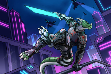 aircraft anthro armor bodysuit city city_background clothing cyberpunk digitigrade energy_sword green_body green_scales horn jumping male melee_weapon neon_lights parkour scales science_fiction skinsuit solo sword tight_clothing vaulting vehicle weapon growingdragon nairim rollwulf skaar lizard reptile scalie hi_res