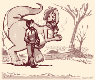 anthro beverage bottom_heavy coffee coffee_cup cold container cup duo eye_contact female female_anthro human_on_anthro interspecies larger_anthro larger_female looking_at_another male male_human messenger_bag mostly_nude one_eye_obstructed pear-shaped_figure scales scarf scarf_only scutes semi-anthro size_difference smaller_human smaller_male steaming_cup tail tailbutt thick_tail thick_thighs wide_hips shyguy9 mythology ginger_(shyguy9) guy_(shyguy9) dragon human mammal mythological_creature mythological_scalie scalie hi_res
