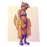 abs anthro bedding blanket boots bottomwear bra breasts clothed clothing female footwear fur gradient_background hair hotpants orange_body orange_fur purple_clothing purple_hair shoes short_hair shorts simple_background smile smirk solo sports_bra tail thigh_belt underwear bennyvania the_adventures_of_kincaid kincaid canid canine canis mammal wolf 1:1 hi_res