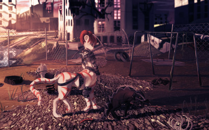 armor back_groove brown_hair day detailed_background duo female feral fur hair leash outside playground plushie post-apocalyptic rattle_(anatomy) rib_cage side_view spring_horse standing teddy_bear fruitbloodmilkshake fallout microsoft tina_(lionel) canid canine canis coyote felid felid_taur hybrid mammal mammal_taur mole_rat_(fallout) night_stalker_(fallout) pit_viper rattlesnake reptile scalie snake taur viper absurd_res hi_res