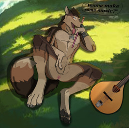 animal_genitalia anthro balls biped claws fingers genitals male musical_instrument pawpads paws sheath solo string_instrument text tongue tongue_out wind_instrument holidaypup canid canine canis hybrid mammal wolfdog absurd_res english_text hi_res