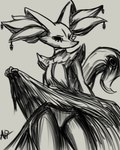 ambiguous_gender anthro bottomwear clothed clothing clothing_lift ear_piercing ear_ring fluffy looking_at_viewer panties piercing raised_bottomwear raised_clothing raised_skirt ring_piercing skirt skirt_lift solo thick_thighs underwear upskirt wide_pupils aph_(artist) nintendo pokemon fan_character ki0_(aph) delphox eldritch_abomination flesh_creature generation_6_pokemon hybrid pokemon_(species) the_thing_(organism) 4:5