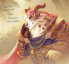 anthro armor cape clothed clothing flower_accessory fully_clothed horn male smile solo text yellow_eyes noviraine guild_wars volare_(noviraine) charr felid mammal english_text