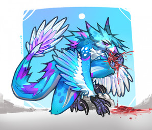 anthro blood blood_in_mouth blood_on_ground bodily_fluids eating female food food_in_mouth fur holding_food holding_object hunter looking_at_food looking_at_object meat melvie multicolored_body multicolored_fur pietskaa_(artist) predators simple_background solo tail thick_tail dinosaur dromaeosaurid furred_scalie microraptor prehistoric_species reptile saurischian scalie theropod full-length_portrait hi_res portrait
