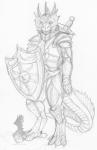 anthro armor biped claws digitigrade looking_at_viewer male melee_weapon shield solo standing sun sword tail weapon yami_griffin dungeons_and_dragons hasbro mythology wizards_of_the_coast dragon mythological_creature mythological_scalie scalie sketch traditional_media_(artwork)