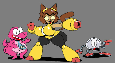 1_eye accessory anthro arm_armor arm_cannon armor belly big_belly big_breasts big_butt black_clothing black_eyes blue_necktie breasts brown_ears brown_hair brown_tail butt clothing conjoined_eyes curvy_figure featureless_crotch female grey_background group hair headgear huge_breasts huge_butt larger_anthro larger_female leg_armor light long_tail machine male monotone_tail mostly_nude multicolored_body multicolored_clothing multicolored_skin navel necktie necktie_only nude open_mouth open_smile pink_body pink_skin pink_tail pose pupils purple_spots ranged_weapon red_tongue round_teeth shirt simple_background size_difference slightly_chubby slightly_chubby_anthro slightly_chubby_male slit_pupils small_tail smaller_anthro smaller_male smile snout spots standing tail tan_body tan_skin teeth thick_thighs tongue topwear trio two_tone_body two_tone_skin voluptuous voluptuous_anthro voluptuous_female weapon white_sclera wide_hips x_navel yellow_armor yellow_clothing yellow_sclera yellow_shirt yellow_topwear superiorfox gameoverse glitch_productions gobbles_(gameoverse) kaboodle_(gameoverse) kit_bodega dinosaur domestic_cat felid feline felis mammal prehistoric_species reptile robot scalie 2026 2:1 colored digital_drawing_(artwork) digital_media_(artwork) flat_colors lighting widescreen