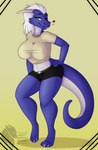 anthro big_breasts breasts clothed clothing female hair hand_on_hip heart_symbol horn looking_at_viewer simple_background smile solo tail thick_thighs tongue tongue_out grumpy_griffin_creations marvelous_managerie mythology tareck dragon mythological_creature mythological_scalie scalie wingless_dragon absurd_res digital_media_(artwork) hi_res