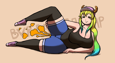 2_horns big_breasts black_clothing black_eyebrows black_leggings black_legwear black_nose black_shirt black_tank_top black_topwear blonde_hair blue_hair blush body_blush bottomwear breast_blush breasts brown_horn butt butt_from_the_front cleavage clothed clothing denim denim_bottomwear denim_clothing denim_shorts eyebrows fart fart_cloud female footwear gradient_hair green_eyes green_hair hair hand_on_leg hand_on_thigh heterochromia horn leggings legwear long_hair lying narrowed_eyes on_side orange_fart_cloud pink_cap pink_clothing pink_footwear pink_shoes raised_leg shirt shoes shorts simple_background solo sound_effects tan_background tan_body tan_skin tank_top topwear yellow_eyes jubb miss_kobayashi's_dragon_maid mythology quetzalcoatl_(dragon_maid) animal_humanoid dragon dragon_humanoid horned_humanoid humanoid mythological_creature mythological_scalie scalie 2021 signature