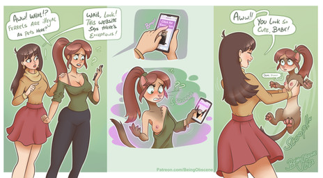 areola blush bottomwear breasts brown_body brown_fur brown_hair busty_feral cellphone clothed clothing dialogue duo ear_piercing ear_ring electronics feet female feral fully_clothed fur hair human_to_feral medium_breasts nipples nude one_breast_out pants pawpads phone piercing ponytail ring_piercing shrinking size_transformation skirt smartphone species_transformation sweater text topwear transformation turtleneck wardrobe_malfunction whiskers beingobscene domestic_ferret human mammal mustelid musteline true_musteline weasel 2023 absurd_res english_text hi_res