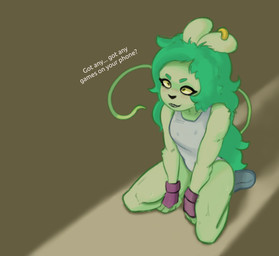 anthro biped black_eyes black_nose bodily_fluids boots breasts clothed clothing dialogue ear_piercing ear_ring eyebrows female fingerless_gloves floppy_ears footwear gloves green_body green_hair green_sclera hair handwear kneeling leotard loli long_hair piercing ring_piercing shoes simple_background small_breasts solo suggestive sweat tail teeth text thin_tail young young_anthro young_female young_focus stupidgnoll cartoon_network ok_k.o.!_let's_be_heroes fink_(ok_k.o.!_lbh) mammal murid murine rat rodent 2022 absurd_res english_text hi_res