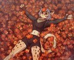 anthro autumn biped bottomwear camel_toe clothing female fur leaf leaf_on_face leaf_on_head navel shorts smile solo sweater tail topwear unluckymireille cheetah felid feline mammal absurd_res digital_media_(artwork) hi_res huge_filesize