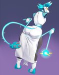 anthro big_butt biped blue_hair butt clothed clothing deltarune domestic_cat electrical_plug felid feline felis female floating_hands floating_head gradient_background hair hi_res holding_object holding_whip looking_at_viewer looking_back looking_back_at_viewer machine mammal rear_view robot simple_background smile smiling_at_viewer snout solo standing tasque_manager thick_thighs undertale_(series) vondranart whip wide_hips yellow_eyes