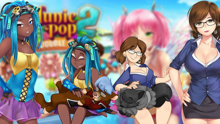 black_body black_fur blue_hair brown_hair clothing dark_body dark_skin eyes_closed eyewear female feral fur glasses hair jacket male petting screencap screencap_background smile tongue tongue_out topwear luximus17 huniepop ayn_wye brooke_belrose denise_"zoey"_greene wolf_head_brony canid canine canis domestic_cat felid feline felis human mammal wolf 16:9 hi_res widescreen