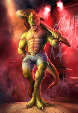abs anthro bodily_fluids bottomwear buccinator claws clothing electric_guitar guitar male muscular muscular_anthro muscular_male musical_instrument nipples pecs plucked_string_instrument scales sharp_teeth shorts solo spikes spikes_(anatomy) string_instrument sweat tail teeth shibara rocco_(tallion) dinosaur prehistoric_species reptile scalie theropod tyrannosaurid tyrannosauroid tyrannosaurus tyrannosaurus_rex hi_res