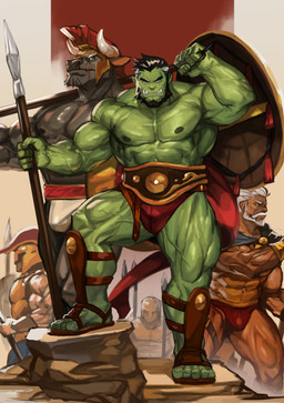 5_fingers anthro armor beard big_muscles black_hair black_nipples bulge clothing duo_focus facial_hair fingers footwear fur green_body green_skin grey_body grey_eyes grey_fur group hair headgear helmet horn humanoid_hands humanoid_pointy_ears looking_at_viewer male melee_weapon military muscular muscular_anthro muscular_humanoid muscular_male nipples pointy_ears polearm sandals scar shield shoes soldier spear underwear warrior weapon white_horn yellow_eyes traver009 bovid bovine cattle human humanoid mammal orc 2021 absurd_res hi_res