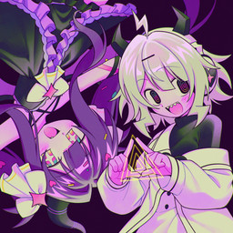 duo electronics fake_horns female headphones not_furry spiral spiral_eyes triangle_(shape) enaic31 yunyun_denpa_syndrome q-chan_(yunyun_denpa_syndrome) yunyun_(yunyun_denpa_syndrome) demon demon_humanoid humanoid succubus hi_res