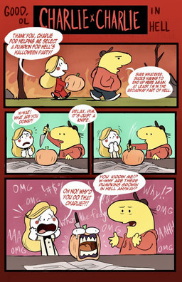 ambiguous_gender big_nose black_nose blonde_hair bodily_fluids bow_tie brown_clothing brown_hat brown_headwear clothed clothing conjoined_speech_bubble crying dead_tree dialogue exclamation_point female fire food fruit grawlixes group hair hat headgear headwear hell holding_knife holding_object holding_pumpkin holidays hoodie interjection interrobang knife male motion_lines newspaper not_furry open_mouth parody plant question_mark red_text same_name screaming shocked speech_bubble stab stuttering style_emulation suspenders tears text thanking topwear tree trio white_body white_emanata white_skin wrong_name yellow_body yellow_nose yellow_skin artist-exhale adult_swim cartoon_network halloween hazbin_hotel hellaverse peanuts_(comic) smiling_friends charlie_dompler charlie_morningstar critter_(smiling_friends) demon demon_humanoid elemental_creature flora_fauna food_creature humanoid living_fruit living_pumpkin mammal 2025 comic digital_media_(artwork) english_text