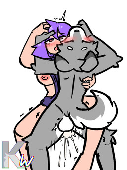 ahegao ambiguous_penetration anthro anthro_on_top anthro_penetrating anthro_penetrating_human areola backsack balls biped bird's-eye_view blush bodily_fluids clothed clothed_female clothed_human clothed_sex clothing cum cum_inside cum_splatter duo eyes_closed female female_on_anthro female_on_bottom fingers fur genital_fluids genitals grey_body grey_fur hair heart_eyes heart_symbol high-angle_view human_on_anthro human_on_bottom human_penetrated humanoid_hands interspecies logo looking_pleasured male male/female male_on_top nipple_dip nipples nude_anthro nude_male obscured_penetration on_bottom on_top penetration purple_hair sex simple_background tail white_background white_body white_fur kangwolf duolingo lily_(duolingo) canid canine canis human mammal wolf 2025 3:4 absurd_res artist_logo hi_res watermark