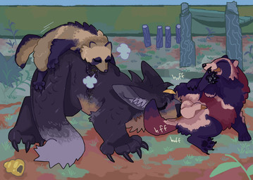4_toes ambiguous_gender ambiguous_penetration animal_genitalia anthro anus balls big_balls blush blush_lines bodily_fluids breath butt_sniffing canine_genitalia claws dipstick_tail doggystyle erection eyes_closed feet feral feral_on_feral from_behind_position fur genital_fluids genitals grass group hair larger_sub long_tail lying male male_penetrating markings mounting nose_to_anus nude obscured_penetration on_side open_mouth open_smile outside outside_sex pawpads paws penetration penile penile_penetration penis penis_tip plant sex sheath size_difference small_top_big_bottom smaller_male smile sniffing submissive tail tail_markings thick_tail toes trio guncht kong_toy korwin canid canine mammal raccoon_dog