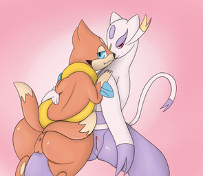 anthro anus blue_eyes cuddling dipstick_tail duo female female/female fur genitals looking_at_viewer looking_back markings multi_tail multicolored_tail on_lap orange_body orange_fur pink_background purple_body purple_fur red_eyes simple_background sitting sitting_on_lap tail tail_markings vulva white_body white_fur pandashorts nintendo pokemon floatzel generation_4_pokemon generation_5_pokemon mienshao pokemon_(species) 2015