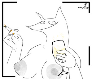 anthro beverage breasts cigarette container cup drinking_glass ears_up female glass glass_container glass_cup holding_beverage holding_cigarette holding_object nipples smile solo wine_glass woflina armedantagonist 4chan canid canine canis mammal wofl wolf absurd_res hi_res