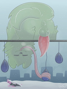 anus backsack balls blue_fruit_(rain_world) breath butt cheek_tuft eyes_closed facial_tuft feral fluffy_balls fur genitals green_body green_fur long_tongue male neck_tuft penis perch pole raised_tail smile snow snowing solo tail tongue tuft jasucharm rain_world videocult saint_(rain_world) lizard_(rain_world) pink_lizard_(rain_world) slugcat 3:4 colored digital_drawing_(artwork) digital_media_(artwork) hi_res line_art shaded