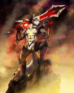 anthro big_sword biped black_hair blood blood_on_armor blood_on_hand bodily_fluids claymore cliff evil_grin giant_sword glowing glowing_eyes hair high_place holding_melee_weapon holding_object holding_sword holding_weapon huge_sword male melee_weapon red_eyes smile solo sword tail two_handed_sword two_handed_weapon weapon white_hair juniorjosi league_of_legends riot_games tencent aatrox_(lol) blitz_(blitz_the_hitz) canid canine canis mammal wolf 4:5 absurd_res digital_media_(artwork) hi_res
