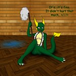 anthro breasts clothed clothing female half_naked partially_clothed simple_background solo text novaarts meme_clothing yuio_maid_dress kath_(novaarts) fantasy_creature kobold scalie 1:1 digital_media_(artwork) english_text hi_res meme