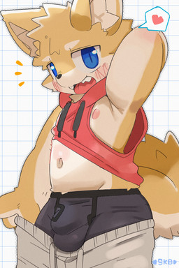anthro belly black_clothing black_seam_boxer_briefs black_underwear blue_eyes bottomwear boxer_briefs bulge clothing clothing_pull crotch_lines detailed_bulge emanata hands_above_head kemono male navel nipples open_mouth pants pulling_down_pants sleeveless_hoodie solo stretching sweatpants underwear undressing young dinogaize canid canine canis domestic_dog mammal shiba_inu spitz 2025 2:3
