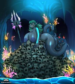 3_heads big_hands blue_body blue_skin bone breasts cave ear_fins exposed_breasts female fin glowing glowing_eyes green_eyes hair head_tentacles inverted_nipples jewelry melee_weapon multi_head necklace nipples nude polearm sharp_teeth skull solo spear teal_hair teeth tentacles weapon ze_blackball.d kath'ool_(deathwing_vt) anthozoan aquatic_creature cnidarian coral humanoid marine scylla absurd_res hi_res
