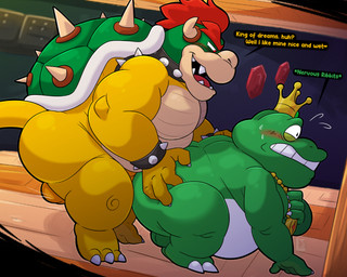 3_toes 4_fingers anal anthro backsack balls belly big_belly blush butt butt_grab crown duo feet fingers genitals green_body hand_on_butt headgear humanoid_hands kemono king male male/male moobs open_mouth overweight overweight_male royalty sex toes white_body leothelionel mario_bros nintendo bowser wart_(mario) amphibian frog koopa scalie 2026 5:4 hi_res
